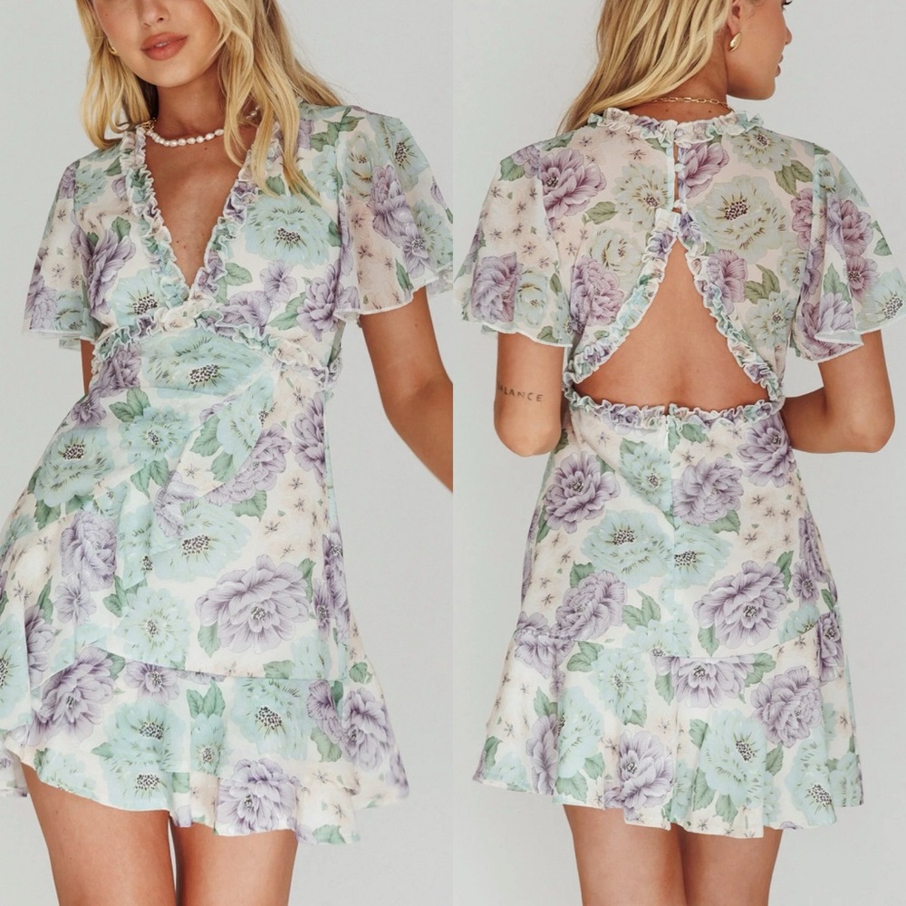 Saints + Secrets Floral Ruffle Open Back Mini Dress -‎ S